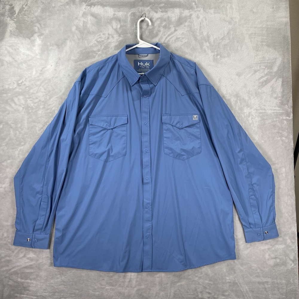 HUK Fishing Shirt Mens XXL Snap Button Creekbed Diamond Back Vented Stretch Blue